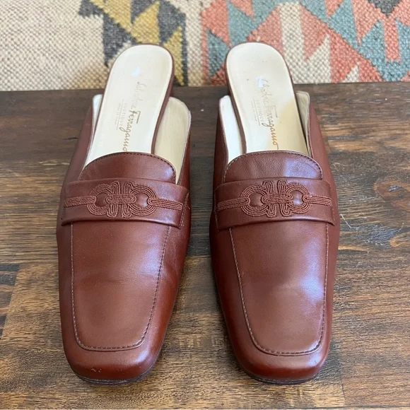 Salvatore Ferragamo Brown CalfLeather Gancini Embroidered Mules Size 10 B